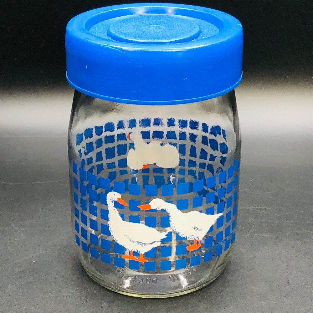 Vintage 1982 Carlton Glass Country Geese 1L. Jar Blue Tile Grid with Plastic Lid